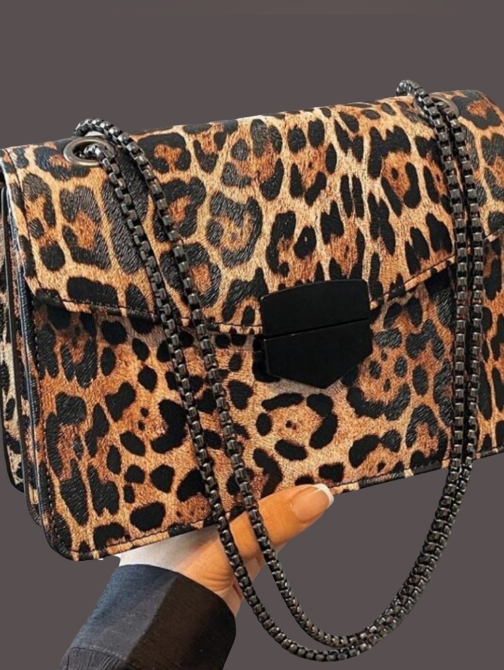 Leopard Print Shoulder Bag Crossbody Brown Black Chain Strap